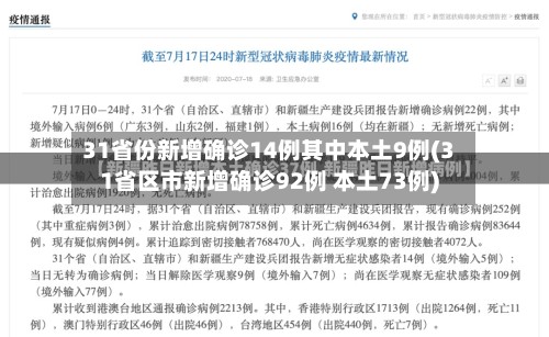 31省份新增确诊14例其中本土9例(31省区市新增确诊92例 本土73例)